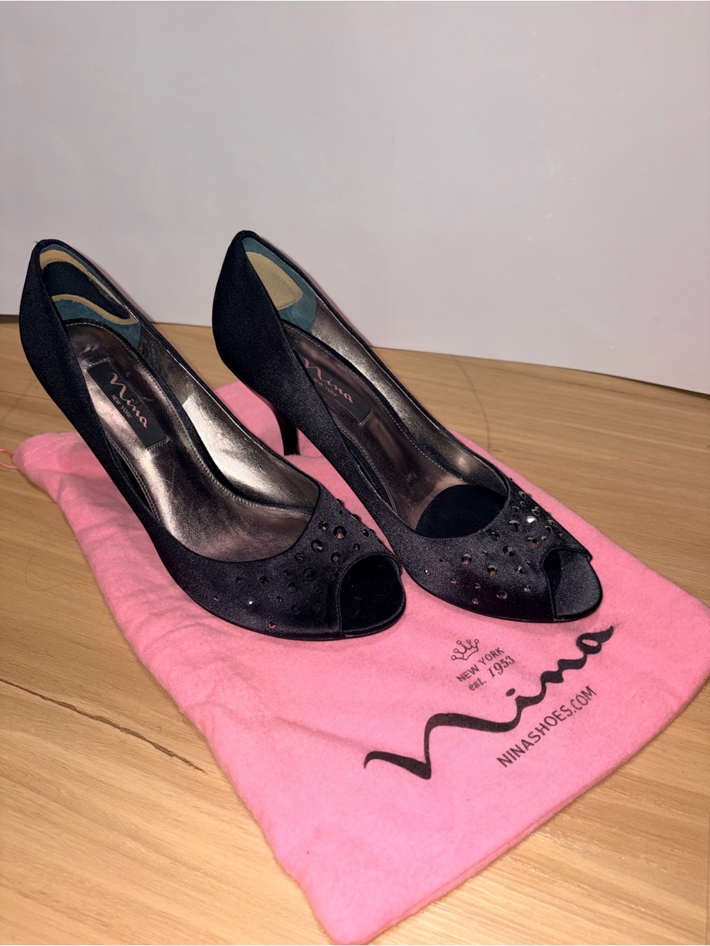Nina Black Peep-Toe Embellished Heels